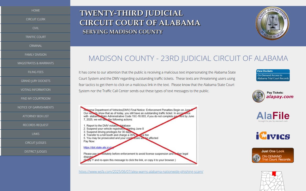 Madison County Circuit Court website showing case search and divorce information