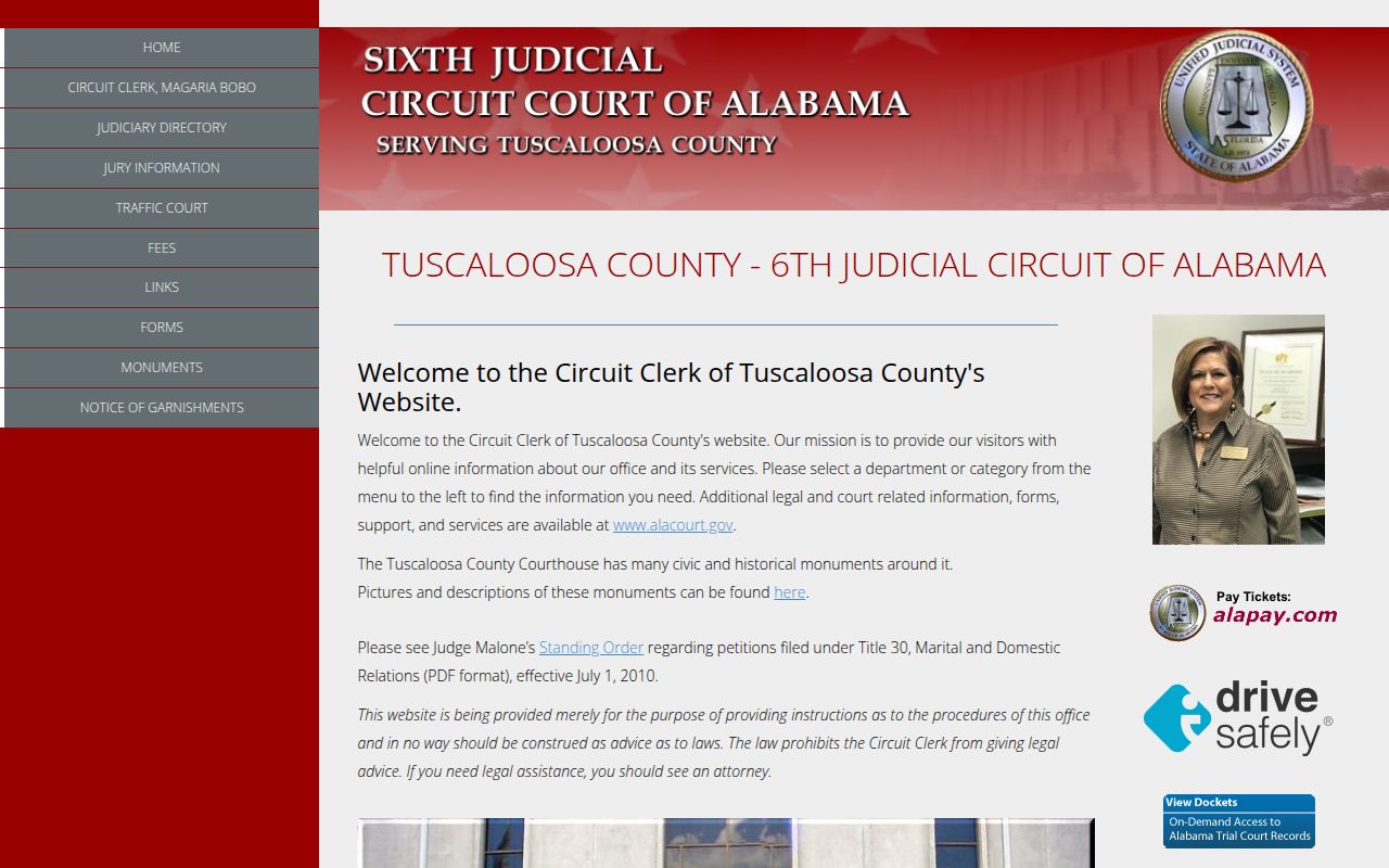 Tuscaloosa County Circuit Court website showing case search and divorce records information